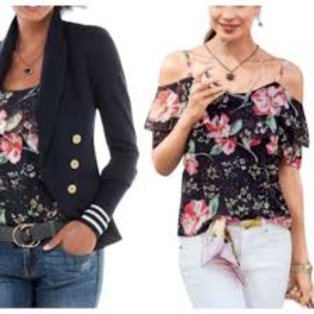 Cabi Fairytale Floral Cold Off Shoulder Women M Lined Ruffle Sleeve Strap Blouse
